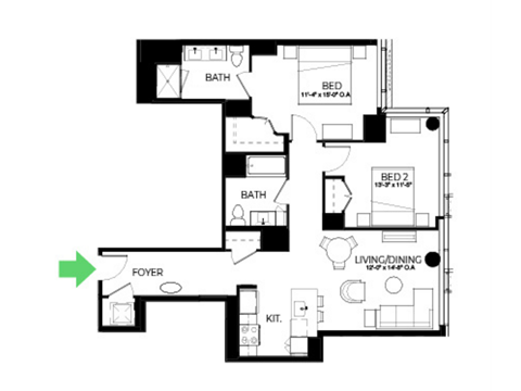 Floor plan for 2 beds, 2 baths, 1070 sqft